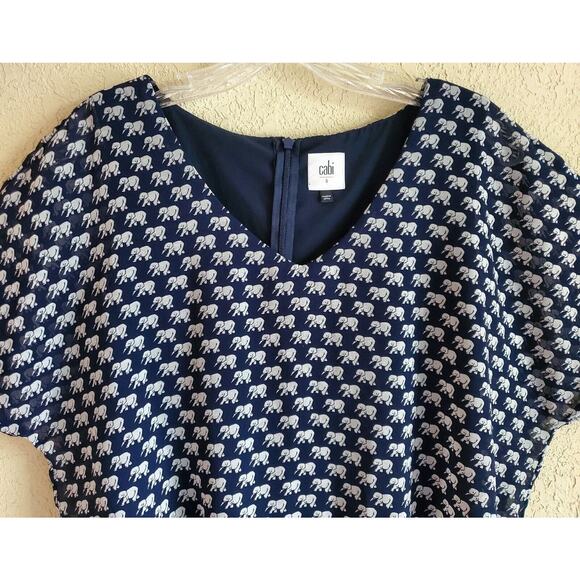 CABI Women's S Top Blue Ole Parade Elephant Wide Waist Band Slit Back Lined 36" - Picture 2 of 8